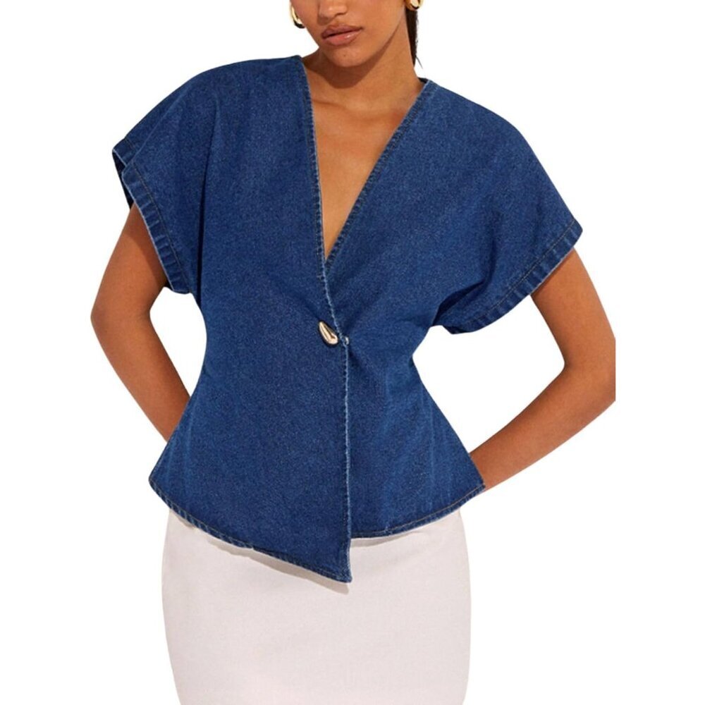 Women's Denim Blouse Asymmetrical Wrap V Neck Button Short Sleeve